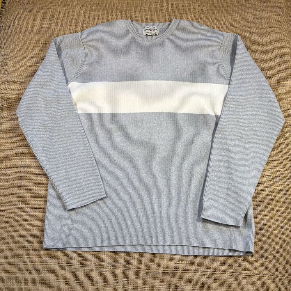 Vintage Ralph Lauren Polo Jeans Co. Men's Gray/White Stripe Cotton Sweater XXL